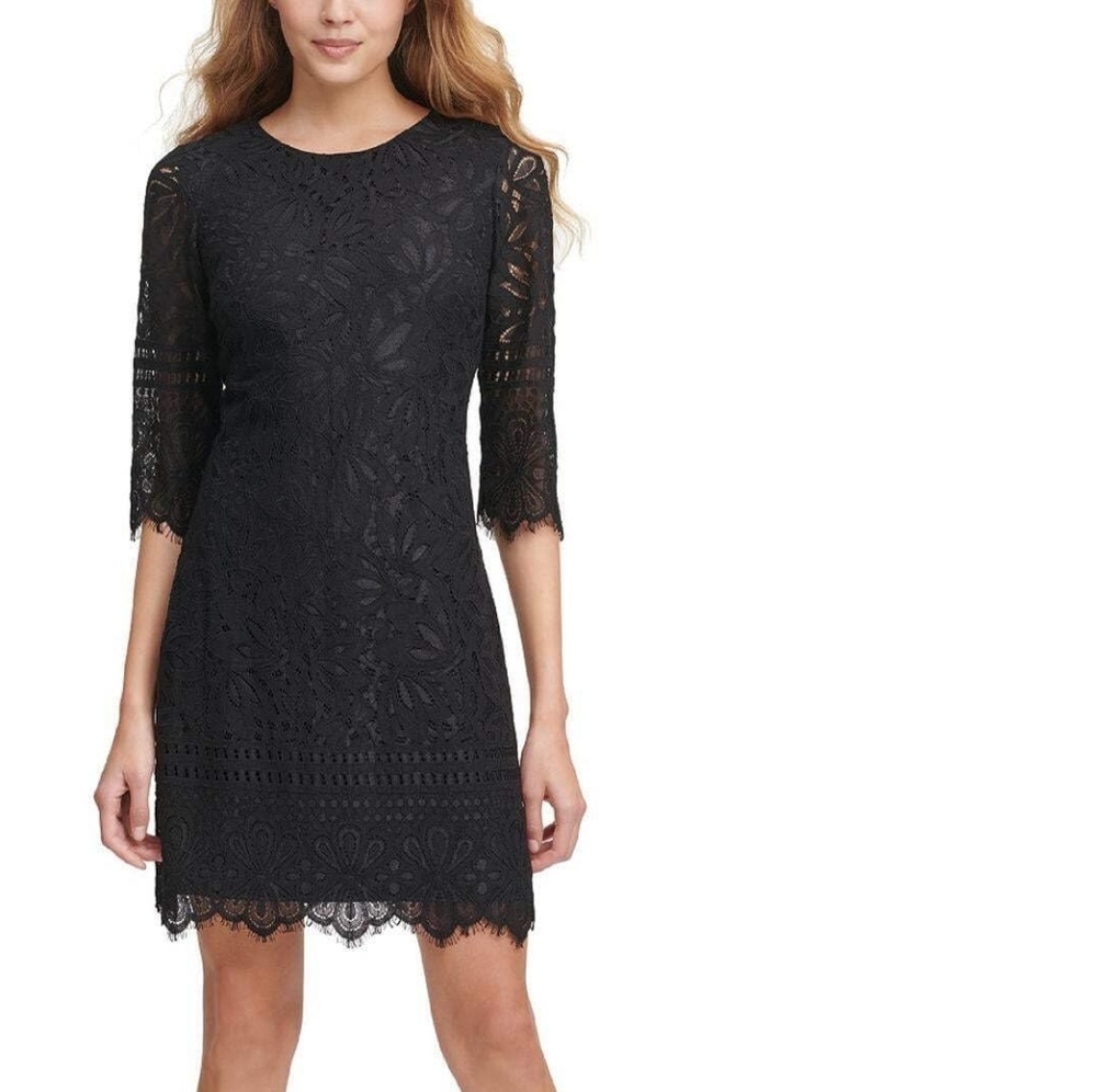 Kensie Lace 1/2 Sleeve Women's Sheath Round Neck Mini Dress, Black, 12